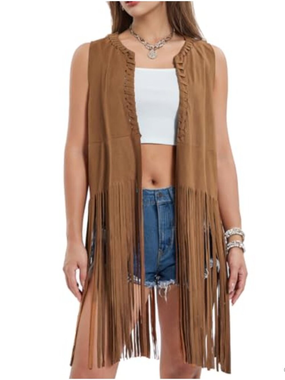 Faux Suede Fringe Long Vest Sleeveless Hippie Costume Cardigan